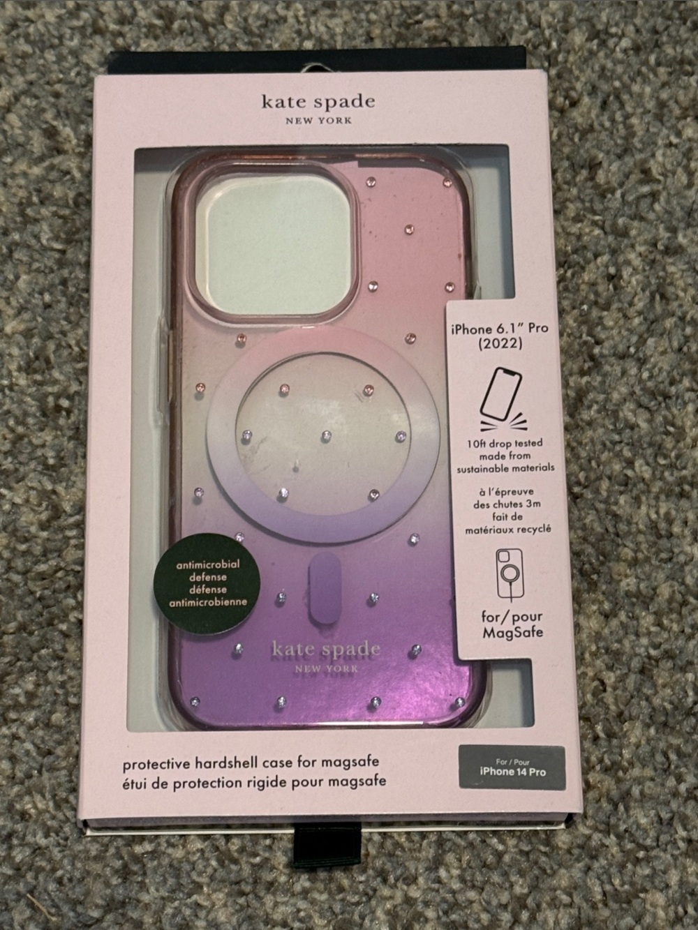 kate spade Pink to Purple Ombre iPhone 14 Pro MagSafe Case with Crystals